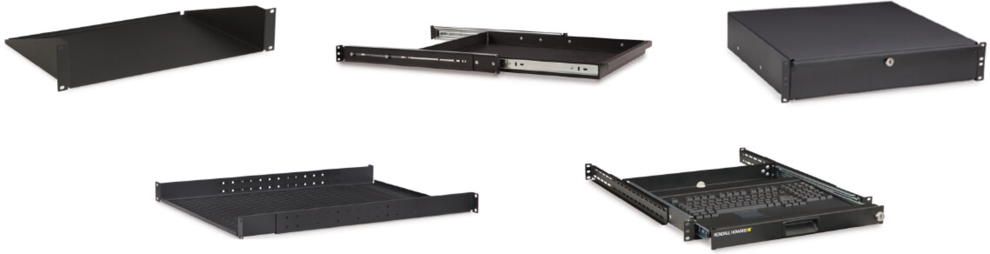Rack shelves, keyboard trays, and locking drawers displayed together