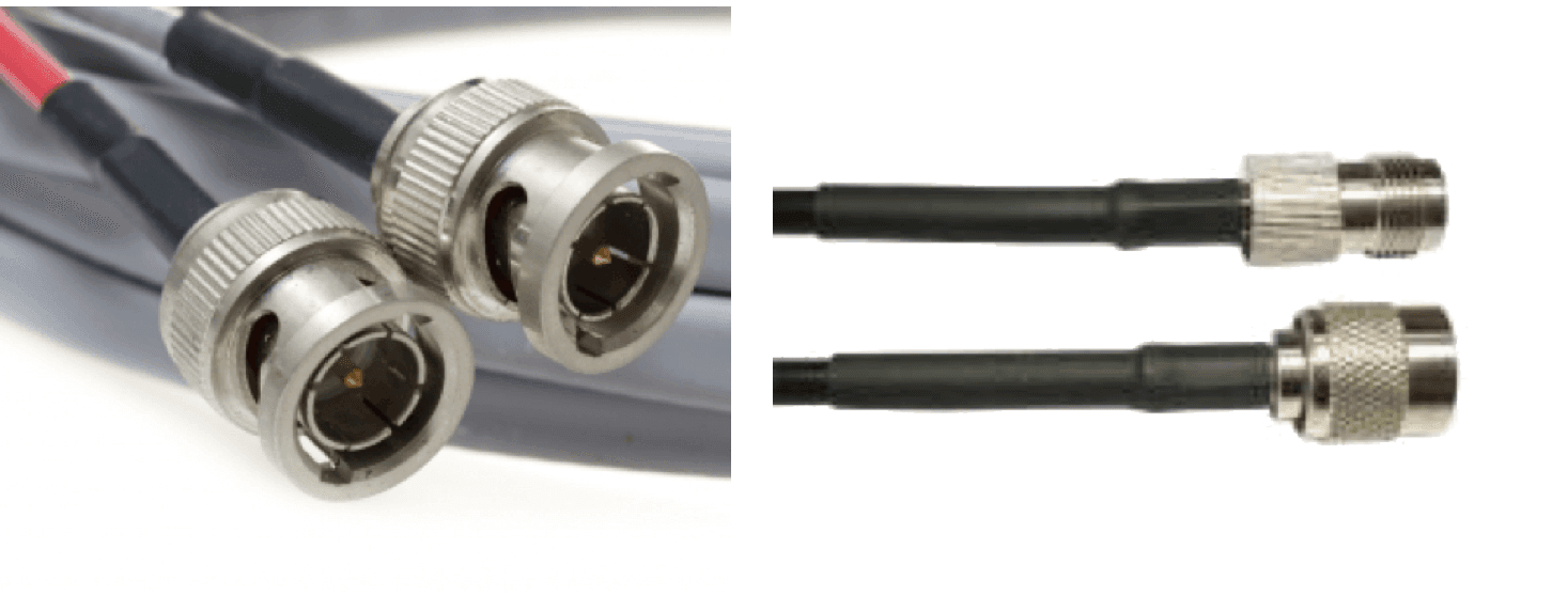 Coaxial jumpers and connectors staged on bench