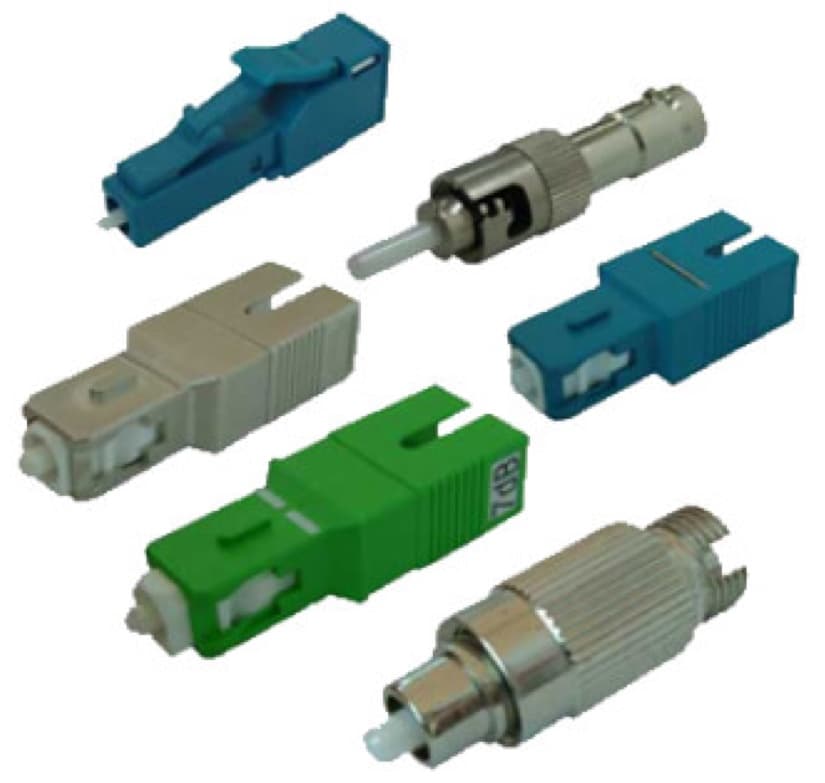 Assortment of build-out style fiber attenuators on a white surface